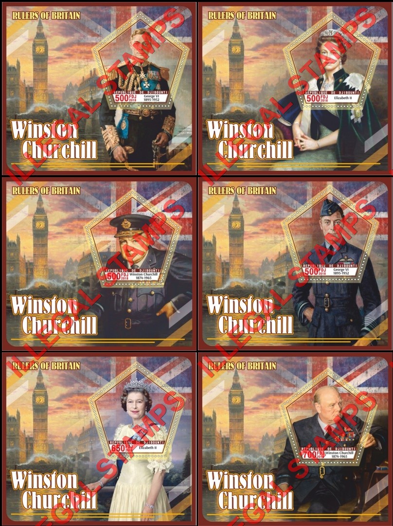 Djibouti 2018 Winston Churchill and Rulers of Britain Illegal Stamp Souvenir Sheets of 1